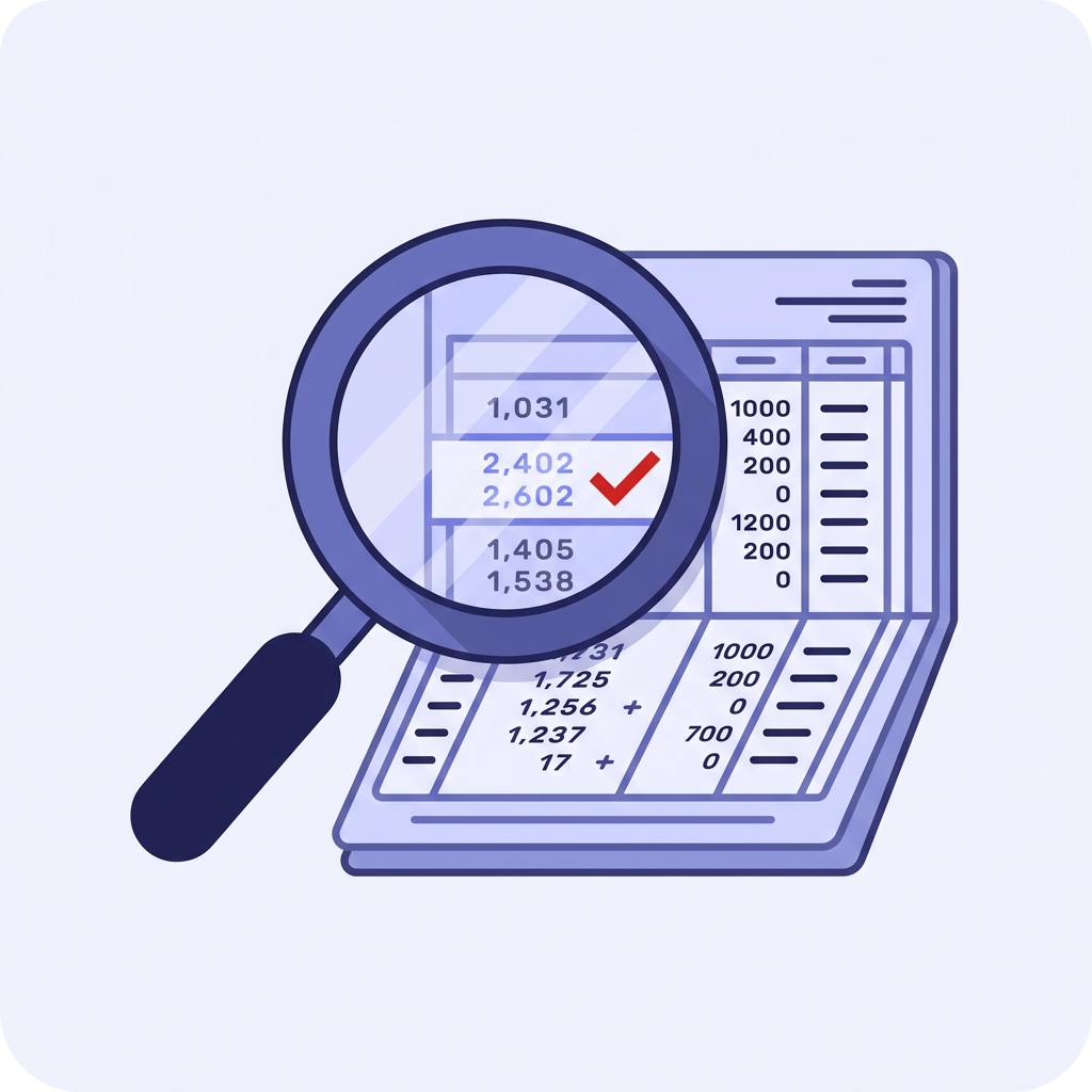 Illustration of a magnifying glass over a financial ledger, highlighting a discrepancy with a red checkmark