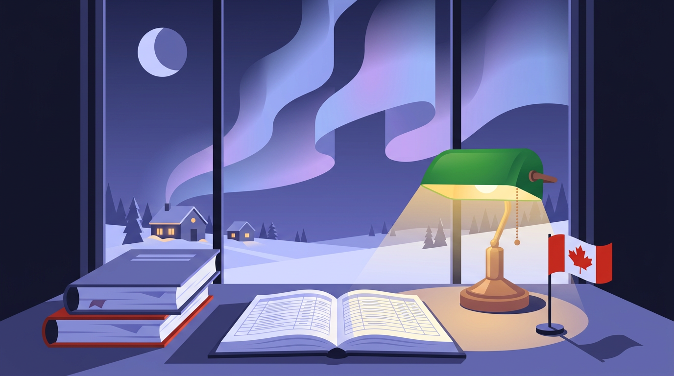 Illustration of a Canadian study at night — an open ledger under a banker's lamp beside a small Canadian flag, northern lights through the window