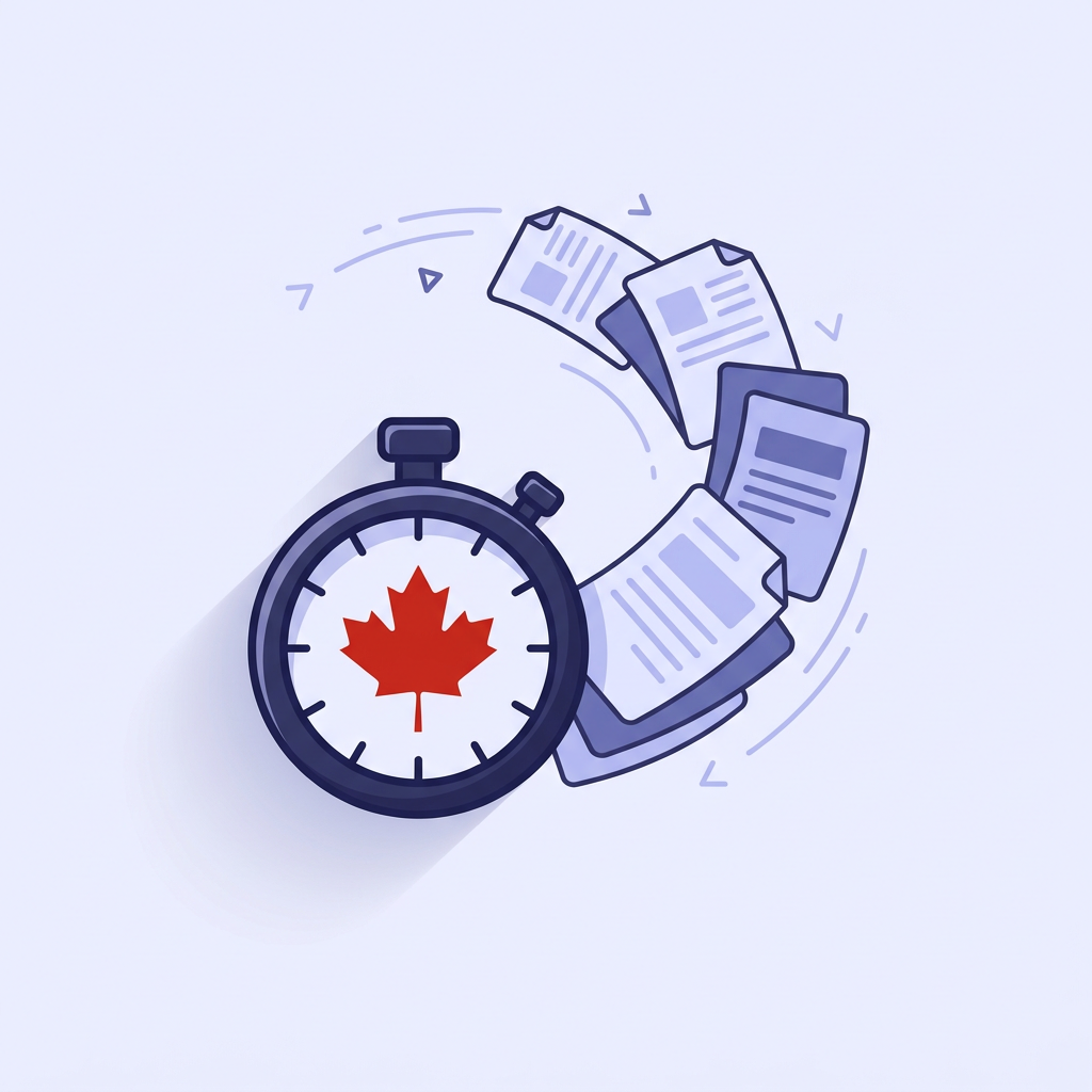 Illustration of a stopwatch with a red maple leaf face, surrounded by documents moving quickly in a circle